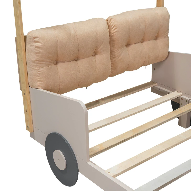 Wood Twin Size Car Bed with Pillow, Ceiling Cloth, LED Lights, and Magazine Holder, 79" L x 42.5" W x 62" H, Natural
