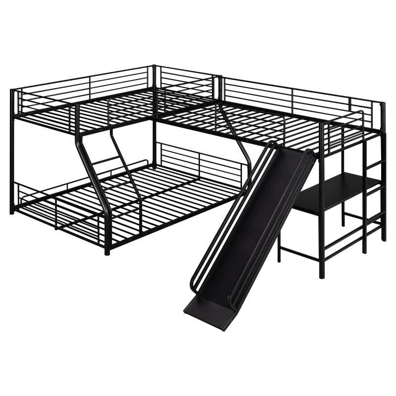 L-Shaped Twin over Full Bunk Bed with Twin Loft, Built-in Desk, Slide, Metal Frame, 117.5" L x 77.5" W x 53" H, Black
