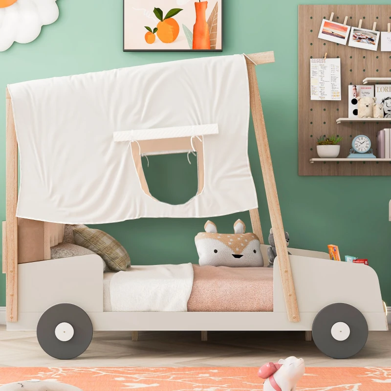 Wood Full Size Car Bed with Pillow, Ceiling Cloth, LED Lights, and Magazine Holder, 79" L x 57.5" W x 62" H, Natural