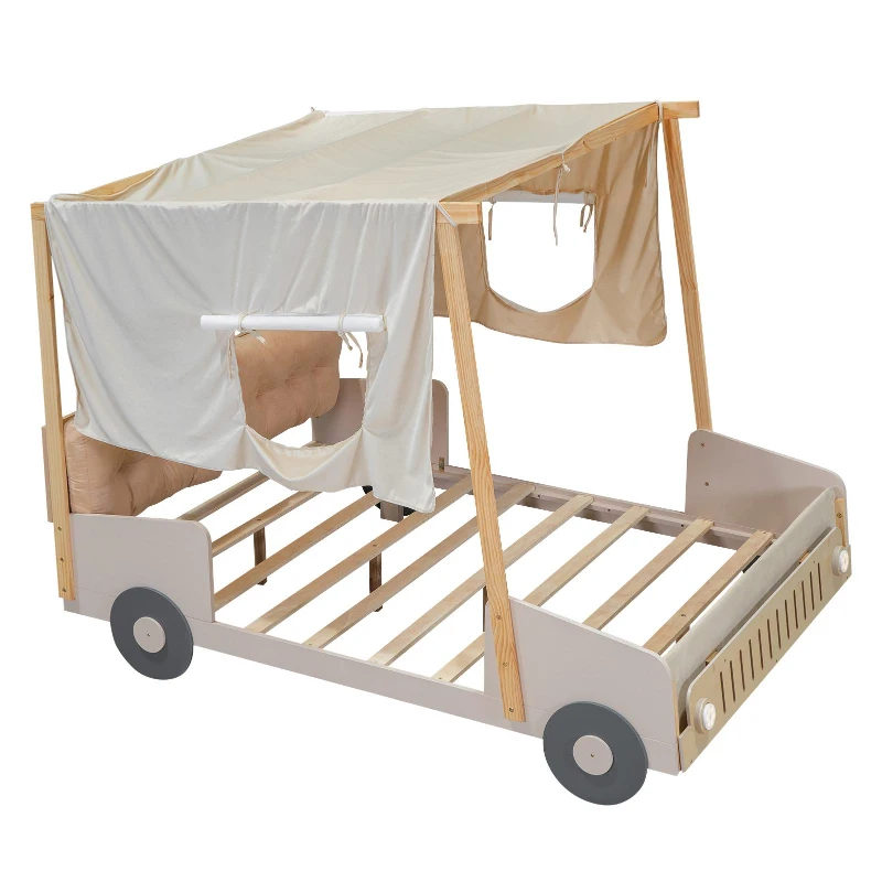 Wood Full Size Car Bed with Pillow, Ceiling Cloth, LED Lights, and Magazine Holder, 79" L x 57.5" W x 62" H, Natural