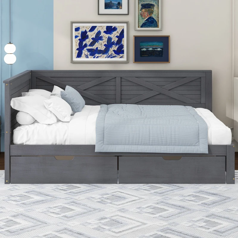 Vinsetto Twin Size Wood Daybed with 2 Drawers, Rustic Guardrail, Solid Pine Wood and MDF, 77.5" L x 42" W x 33.5" H, Grey