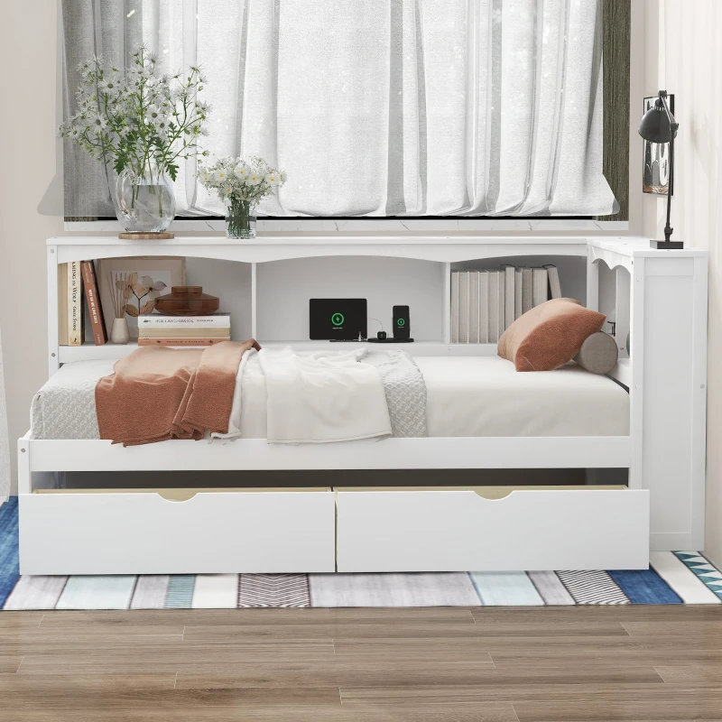 Vinsetto Twin Size Daybed with 2 Storage Drawers, Storage Cabinets, USB Ports, Solid Wood and MDF, 86" L x 51" W x 37.5" H, White