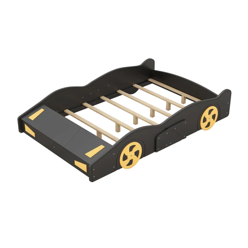 Full Size Race Car-Shaped Platform Bed with Wheels and Storage, Solid Wood and MDF, 90.5" L x 55" W x 15.5" H, Black