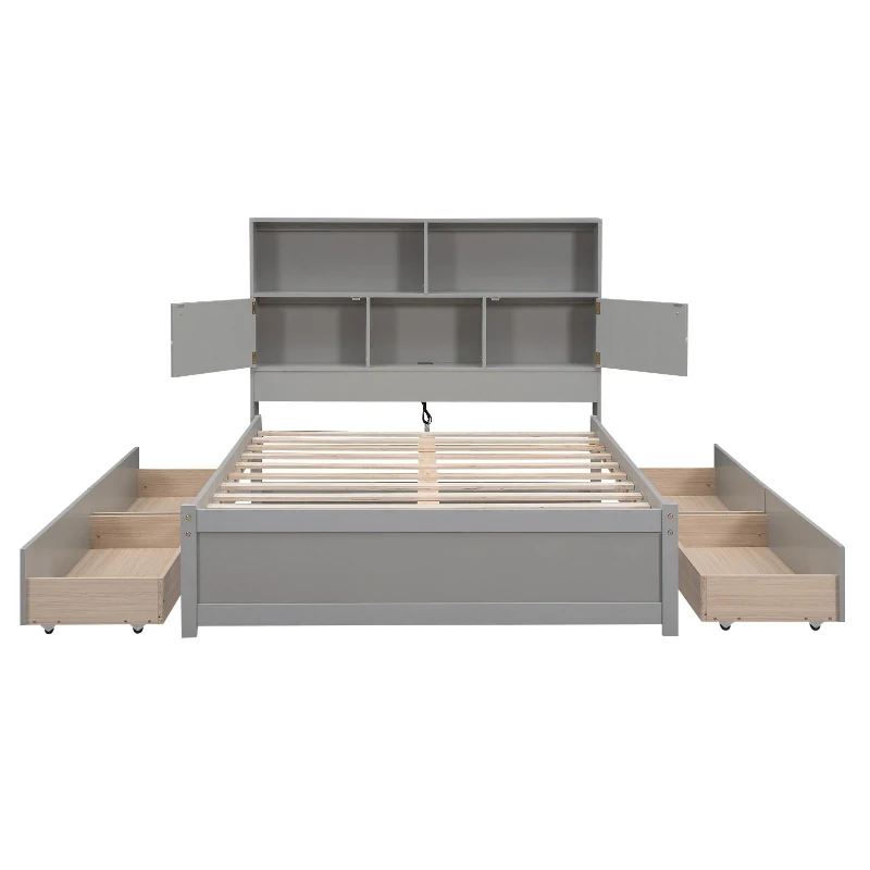 Vinsetto Full Size Platform Bed with Storage Headboard, Charging Station, 4 Drawers, Solid Wood and MDF, 85" L x 55" W x 48" H, Gray
