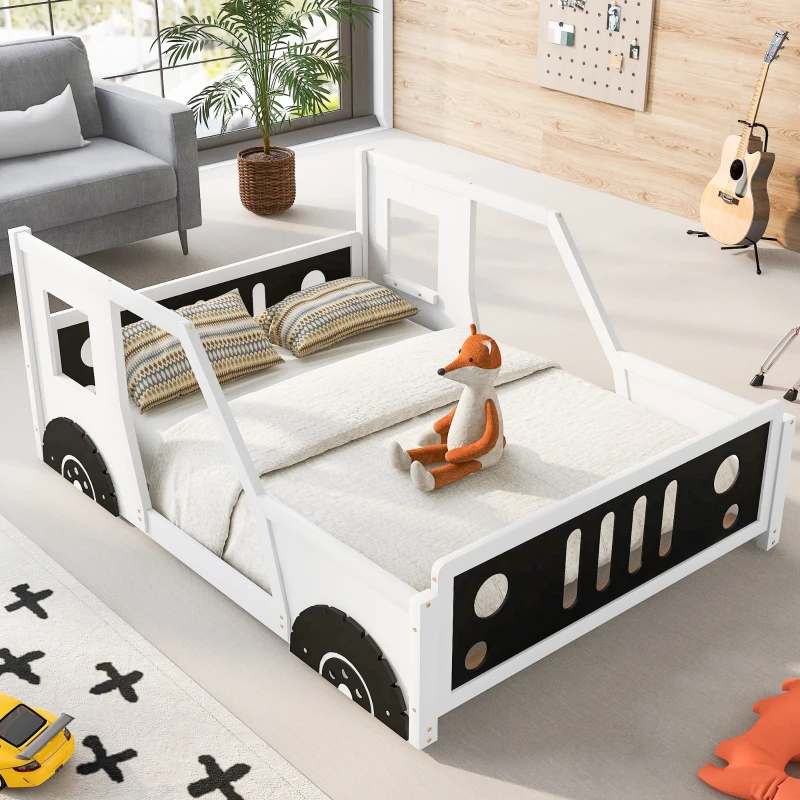 Full Size Classic Car-Shaped Platform Bed with Wheels, Sturdy Pine Wood and MDF Frame, Easy Assembly, 77.5" L x 57" W x 32" H, White