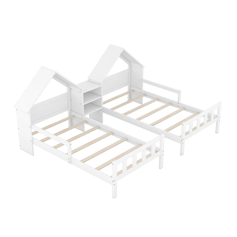 Double Twin Size Platform Bed with House-Shaped Headboard, Built-in Nightstand, Solid Wood Construction, 99.5" L x 78" W x 48" H, White