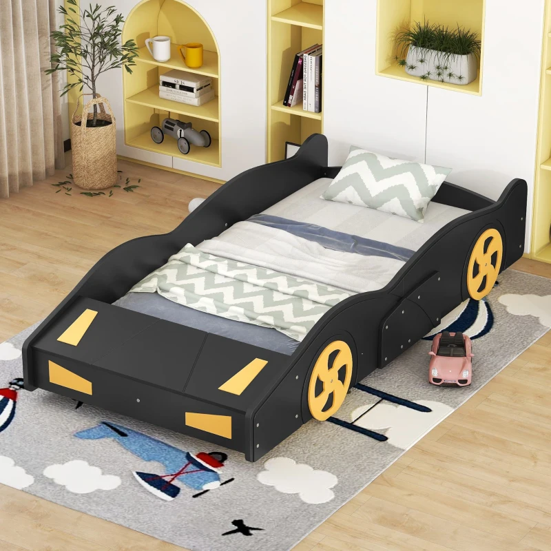 Twin Size Race Car-Shaped Platform Bed with Wheels and Storage, Solid Wood and MDF, 90.5" L x 40" W x 15.5" H, Black