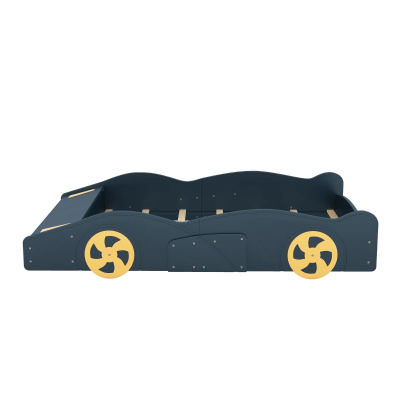 Full Size Race Car-Shaped Platform Bed with Wheels and Storage, Solid Wood and MDF, 90.5" L x 55" W x 15.5" H, Dark Blue