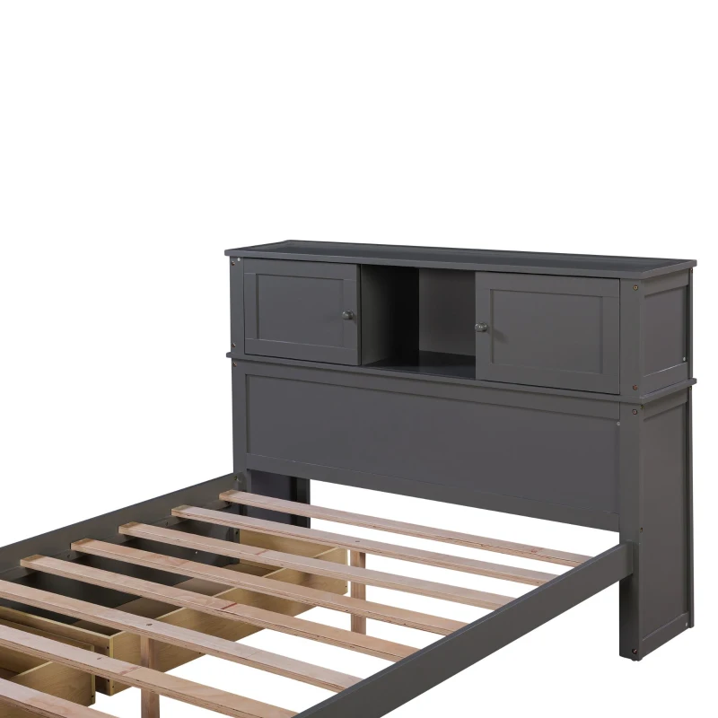 Vinsetto Full Size Platform Bed with Storage Headboard, Sliding Door, 2 Drawers, Solid Wood and MDF, 89" L x 58" W x 42" H, Gray