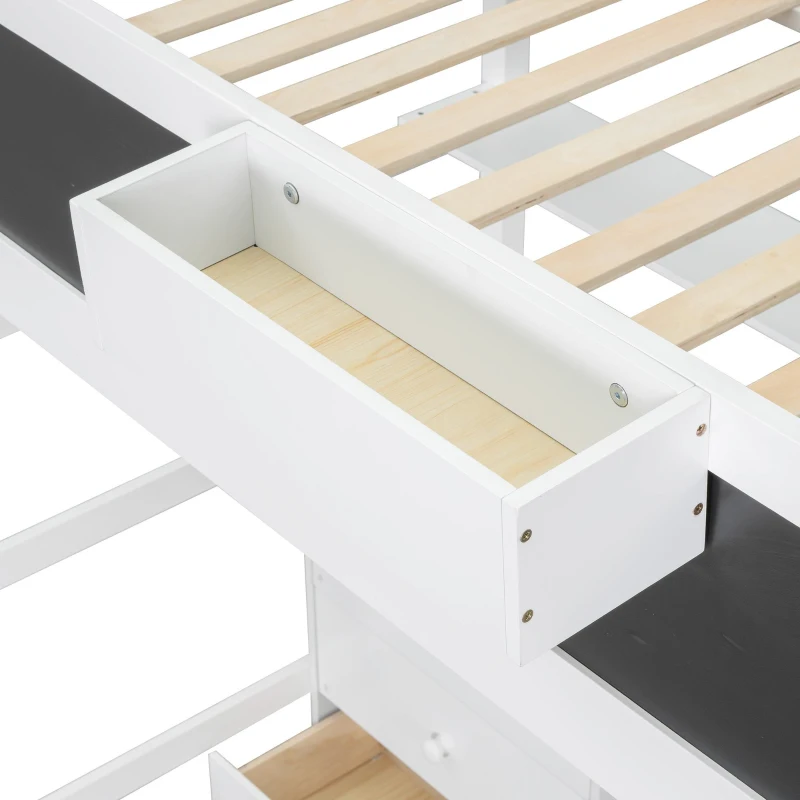 Wood Twin Size Loft Bed with Desk, Blackboard, Storage Box, Shelf, and 3 Drawers, 79" L x 42" W x 69.5" H, White