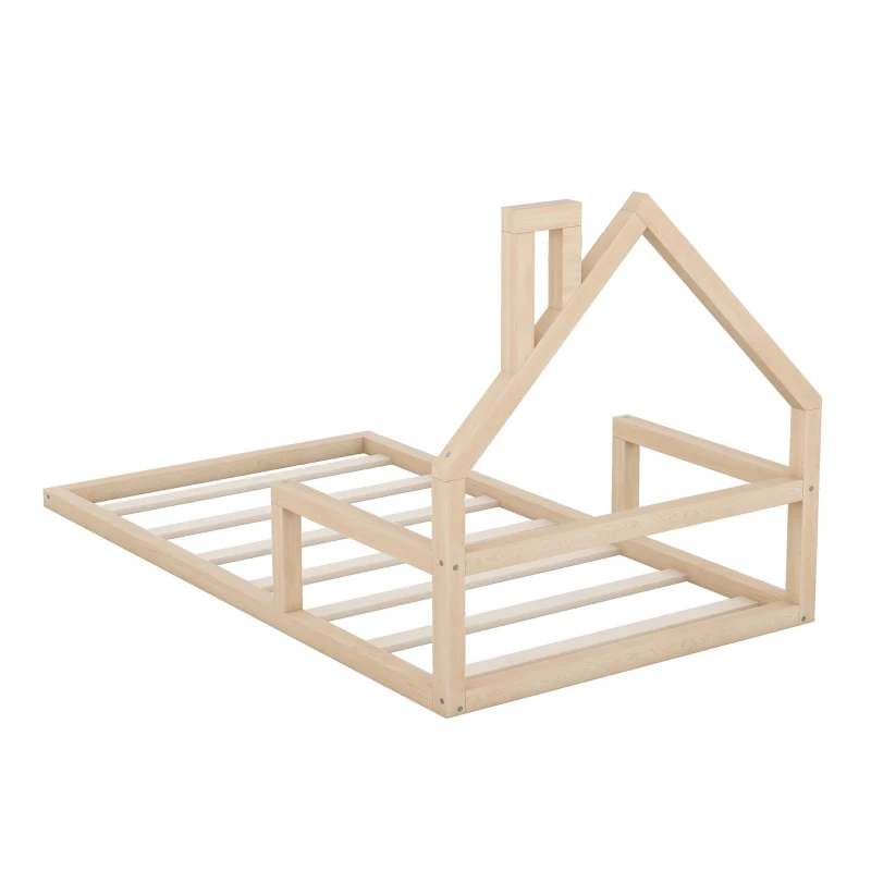 Twin Size Wood Floor Bed with House-Shaped Headboard, Sturdy Wood Construction, No Box Spring Needed, 78" L x 41.5" W x 39" H, Natural