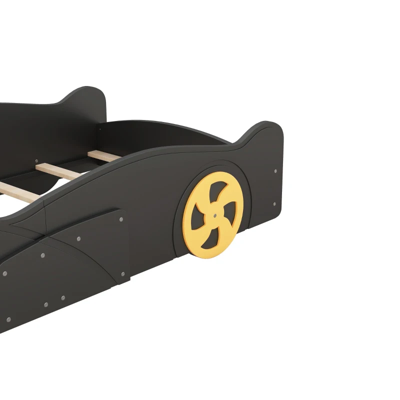 Twin Size Race Car-Shaped Platform Bed with Wheels and Storage, Solid Wood and MDF, 90.5" L x 40" W x 15.5" H, Black