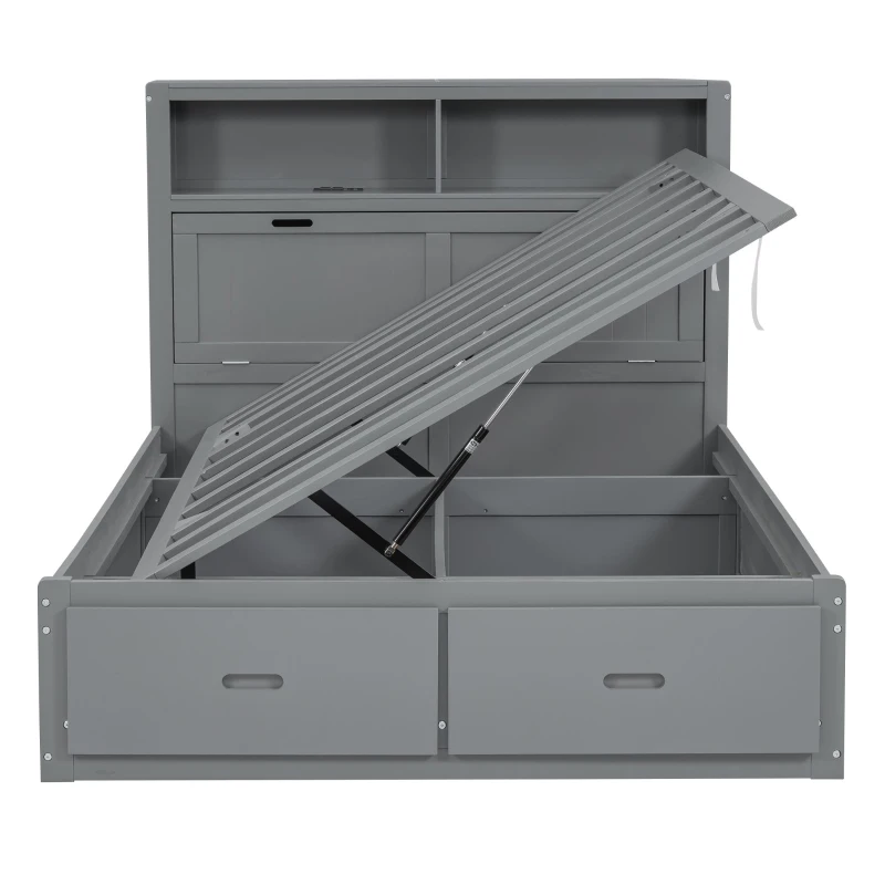 Wood Full Size Hydraulic Platform Bed with Storage LED Headboard, Charging Station, and 2 Drawers, 86" L x 56.5" W x 47" H, Gray