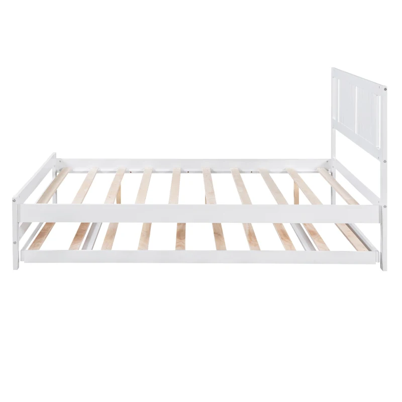 Full Size Platform Bed with Adjustable Trundle, Solid Pine Wood and MDF, 78" L x 97.5" W x 39.5" H, White