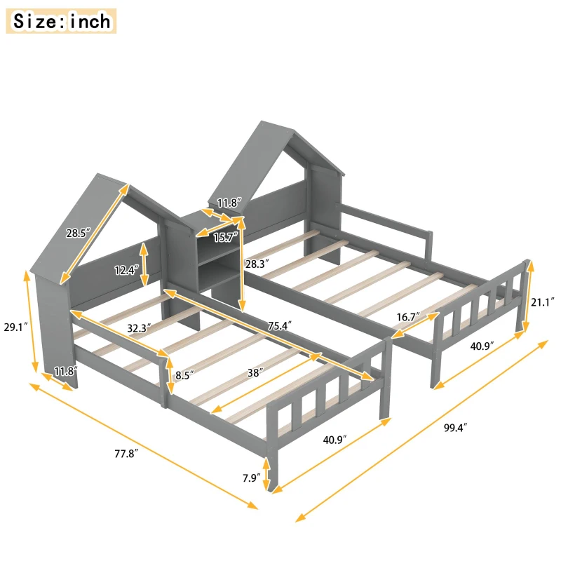 Double Twin Size Platform Bed with House-Shaped Headboard, Built-in Nightstand, Solid Wood Construction, 99.5" L x 78" W x 48" H, Gray