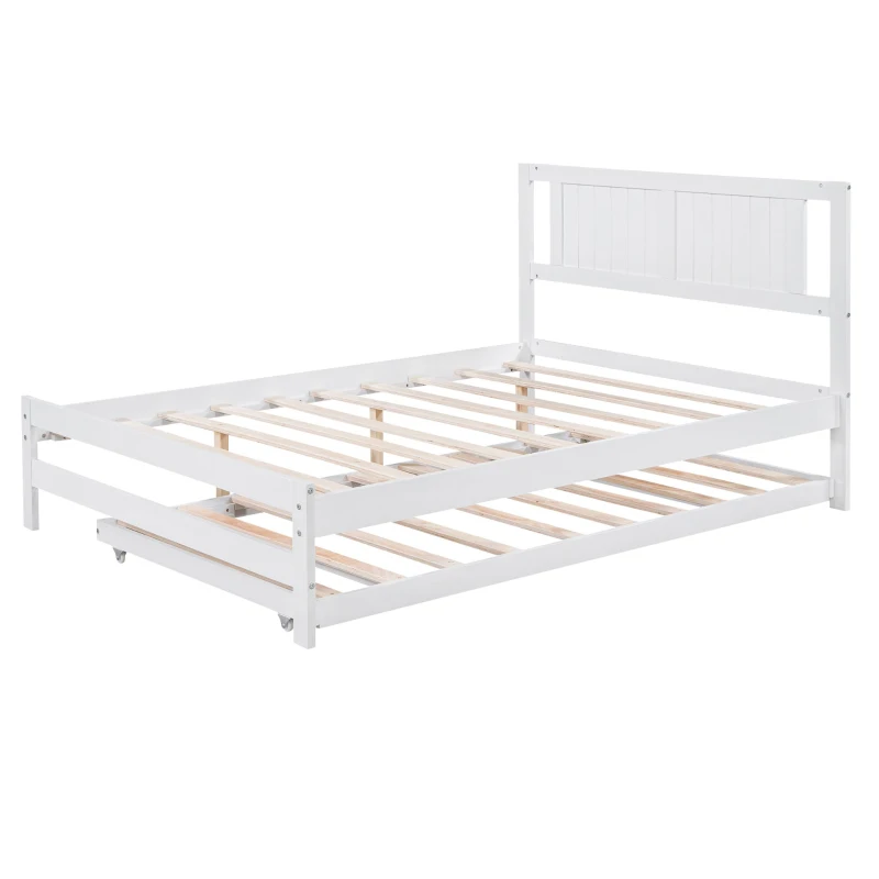 Full Size Platform Bed with Adjustable Trundle, Solid Pine Wood and MDF, 78" L x 97.5" W x 39.5" H, White