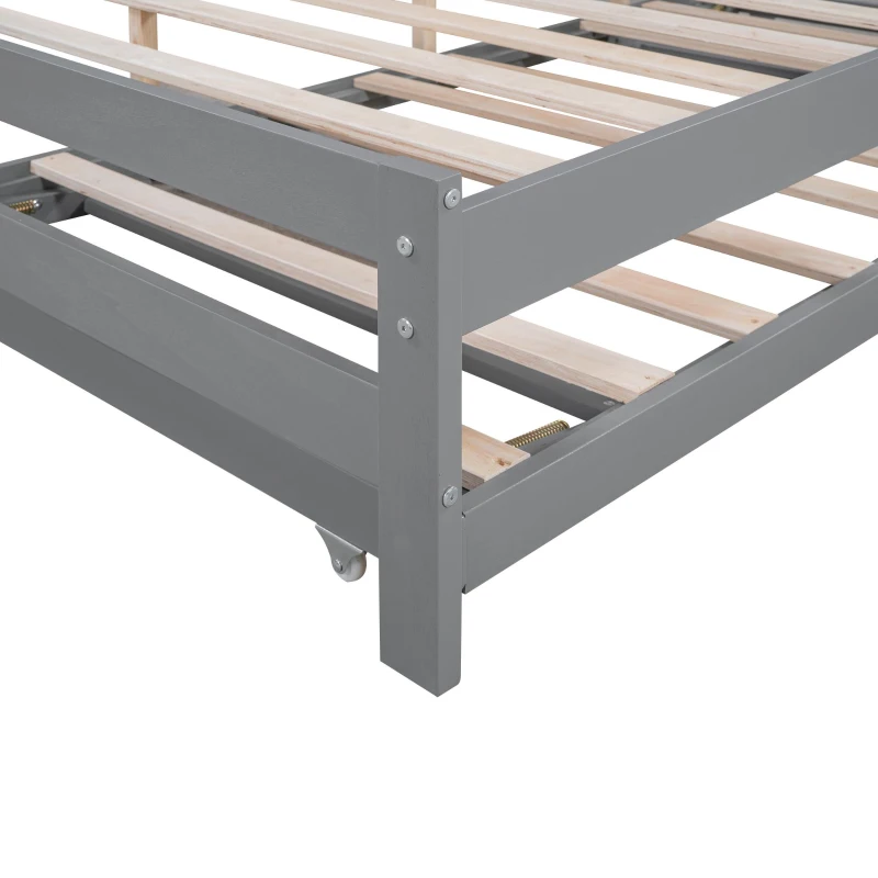 Full Size Platform Bed with Adjustable Trundle, Solid Pine Wood and MDF, 78" L x 97.5" W x 39.5" H, Gray