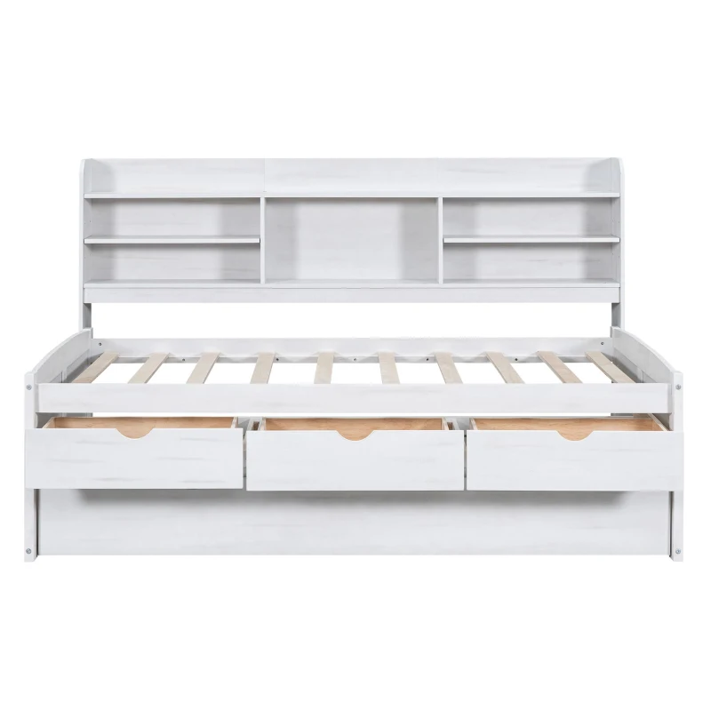 Vinsetto Classic Style Twin Size Wooden Captain Bed with Built-in Bookshelves, 3 Storage Drawers, Trundle, 77.5" L x 88" W x 47" H, White Washed