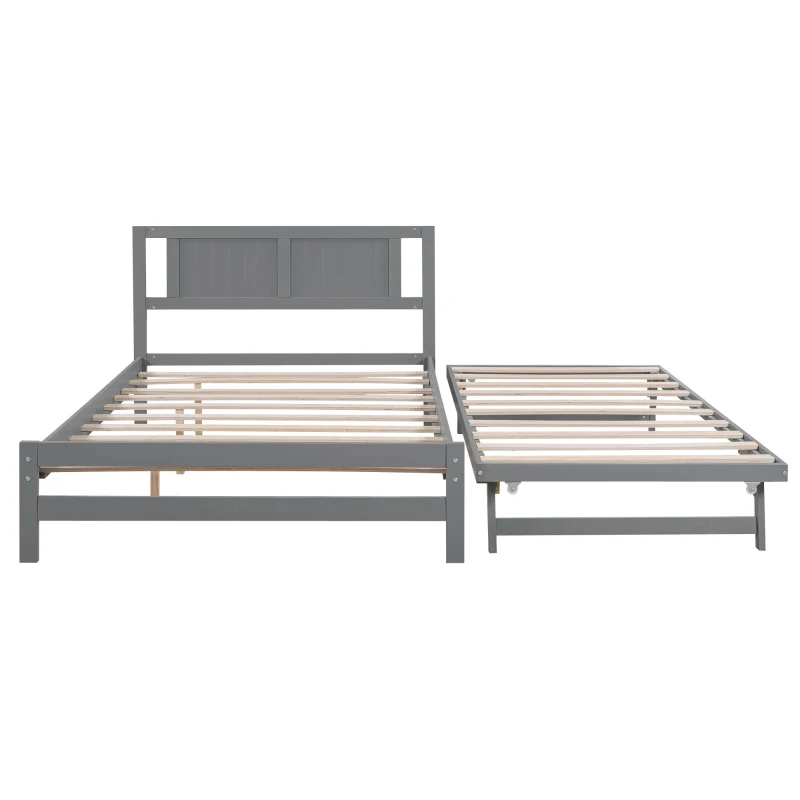 Full Size Platform Bed with Adjustable Trundle, Solid Pine Wood and MDF, 78" L x 97.5" W x 39.5" H, Gray