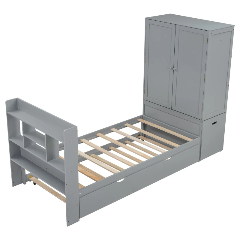 Twin Size Platform Bed with Storage Headboard, Footboard, Pull Out Shelves, and Twin Size Trundle, 101" L x 41.5" W x 65.5" H, Gray