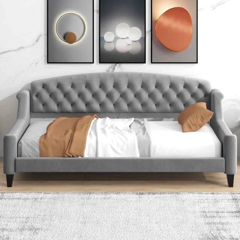 Modern Luxury Tufted Button Twin Size Upholstered Daybed Frame with Foam Padding, Wood Supports, 80.5" L x 45.5" W x 34" H, Gray