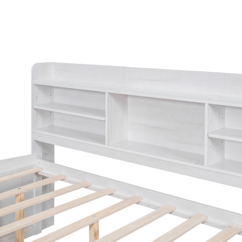 Classic Style Full Size Wooden Captain Bed with Built-in Bookshelves, 3 Storage Drawers, and Trundle, 79" L x 104.5" W x 47" H, White