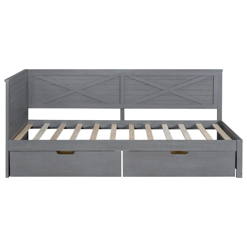 Vinsetto Twin Size Wood Daybed with 2 Drawers, Rustic Guardrail, Solid Pine Wood and MDF, 77.5" L x 42" W x 33.5" H, Grey