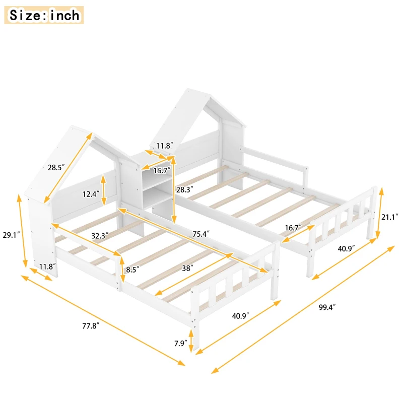 Double Twin Size Platform Bed with House-Shaped Headboard, Built-in Nightstand, Solid Wood Construction, 99.5" L x 78" W x 48" H, White