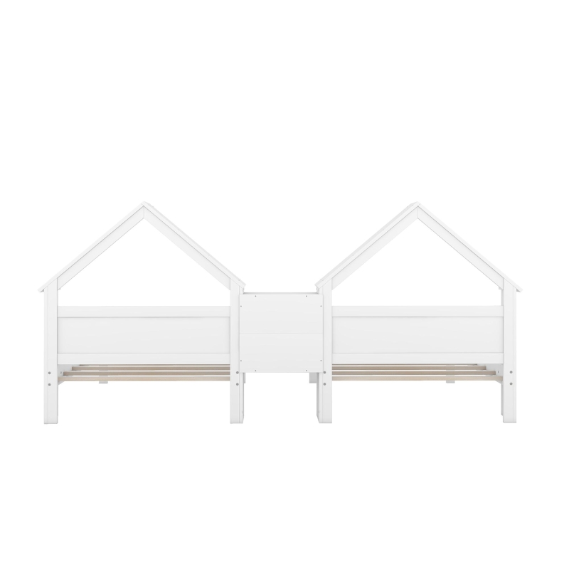 Double Twin Size Platform Bed with House-Shaped Headboard, Built-in Nightstand, Solid Wood Construction, 99.5" L x 78" W x 48" H, White