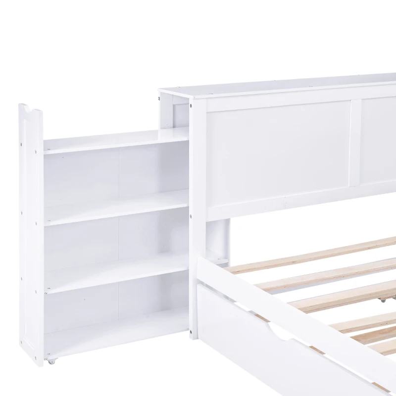 Queen Size Storage Platform Bed with Pull Out Shelves and Twin XL Trundle, Solid Wood and MDF, 111.5" L x 93.5" W x 39.5" H, White
