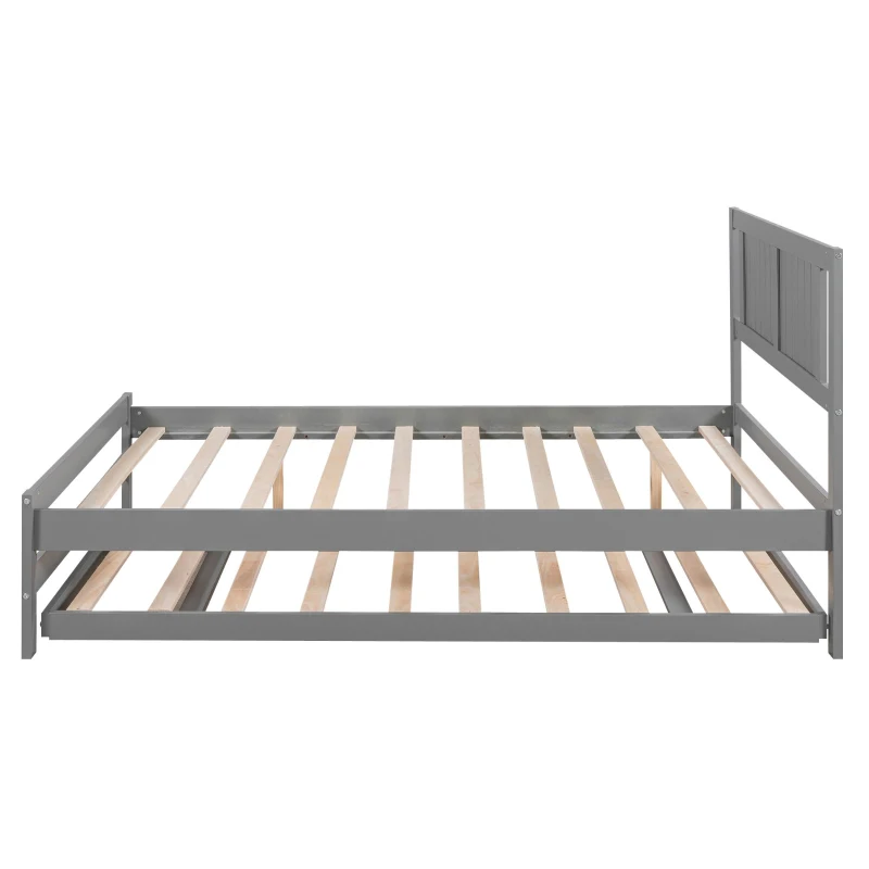 Full Size Platform Bed with Adjustable Trundle, Solid Pine Wood and MDF, 78" L x 97.5" W x 39.5" H, Gray