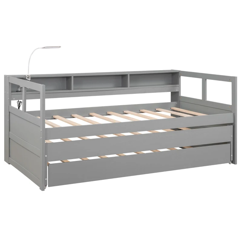 Twin XL Wood Daybed with 2 Trundles, 3 Storage Cubbies, Free Light and USB Charging, 82" L x 129.5" W x 35.5" H, Gray