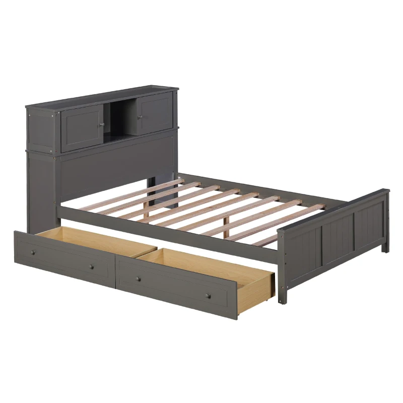 Vinsetto Full Size Platform Bed with Storage Headboard, Sliding Door, 2 Drawers, Solid Wood and MDF, 89" L x 58" W x 42" H, Gray