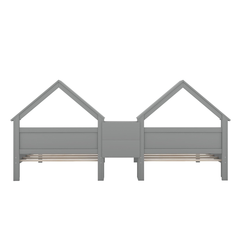 Double Twin Size Platform Bed with House-Shaped Headboard, Built-in Nightstand, Solid Wood Construction, 99.5" L x 78" W x 48" H, Gray