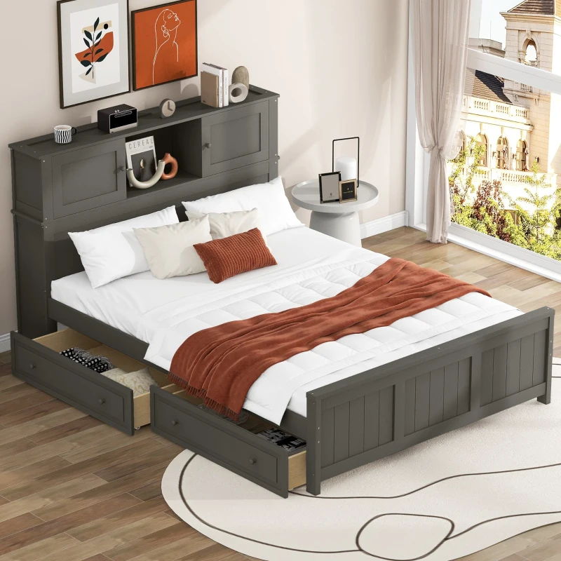 Vinsetto Full Size Platform Bed with Storage Headboard, Sliding Door, 2 Drawers, Solid Wood and MDF, 89" L x 58" W x 42" H, Gray