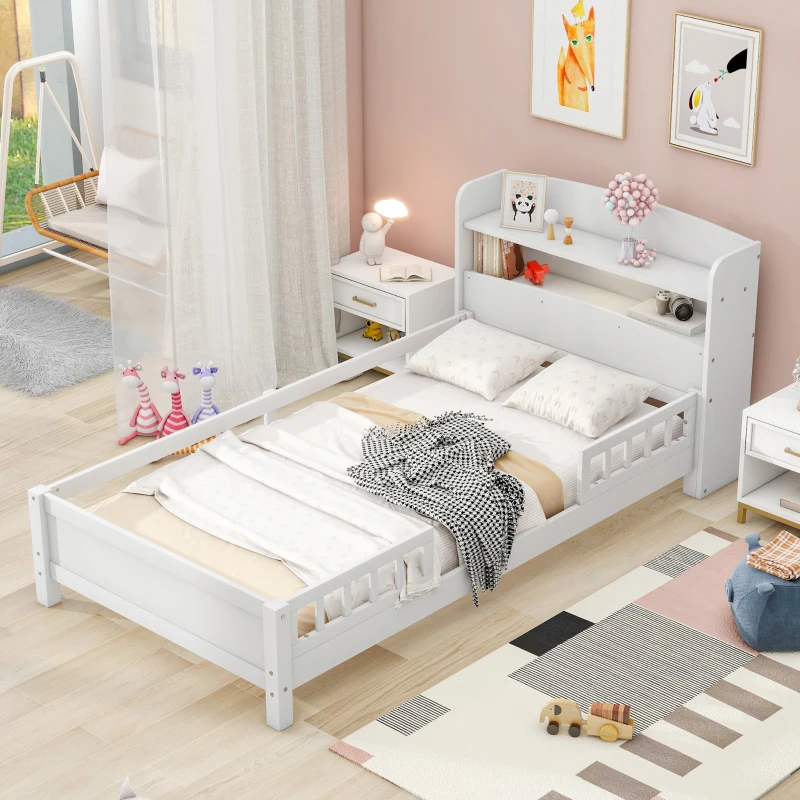 Wood Twin Size Platform Bed with Built-in LED Light, Storage Headboard, Guardrail, and Sturdy Construction, 87" L x 43" W x 31" H, White