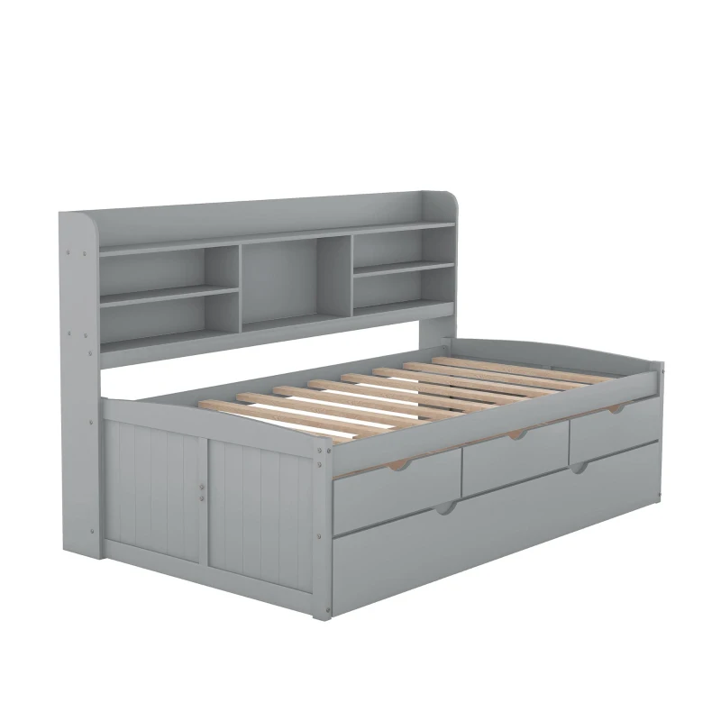 Classic Style Twin Size Wooden Captain Bed with Built-in Bookshelves, 3 Storage Drawers, and Trundle, 77.5" L x 88" W x 47" H, Gray