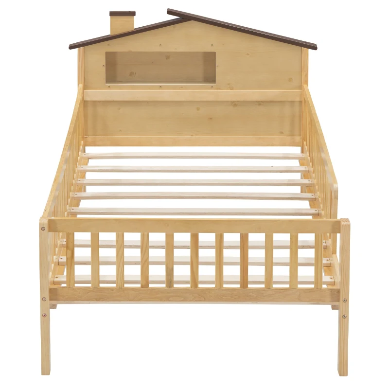 Twin Size Wood Platform Bed with House-Shaped Headboard, LED Light, Built-in Storage, 82" L x 41" W x 36" H, Natural
