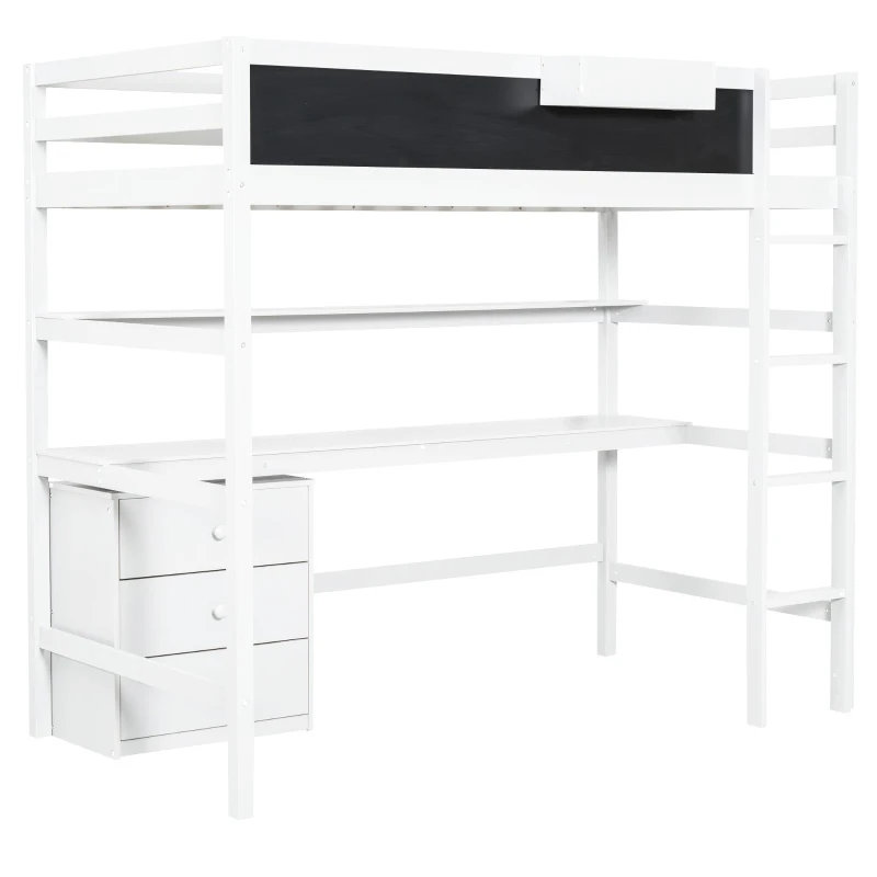Wood Twin Size Loft Bed with Desk, Blackboard, Storage Box, Shelf, and 3 Drawers, 79" L x 42" W x 69.5" H, White