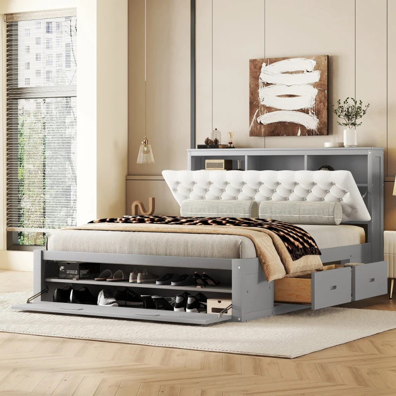 Wood Queen Size Platform Bed with Storage Headboard, Shoe Rack, and 4 Drawers, 90.5" L x 63" W x 43" H, Gray
