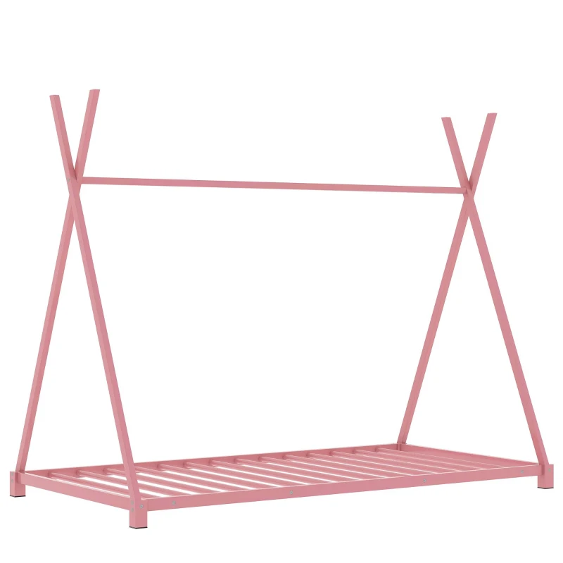 Metal Twin Size House Platform Bed with Triangle Structure, Sturdy Frame, and Safety Railings, 78" L x 41" W x 63" H, Pink