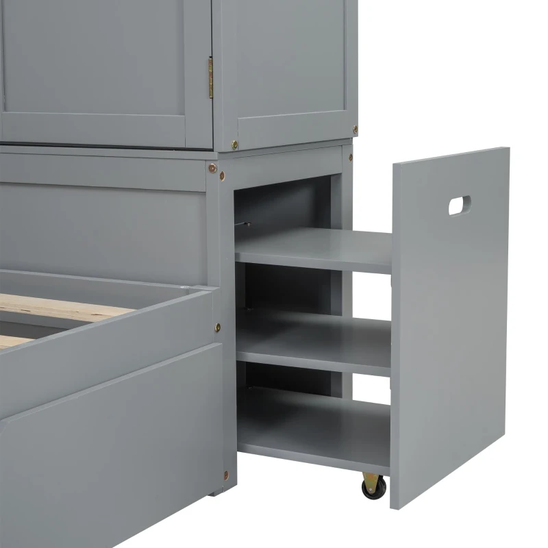 Twin Size Platform Bed with Storage Headboard, Footboard, Pull Out Shelves, and Twin Size Trundle, 101" L x 41.5" W x 65.5" H, Gray