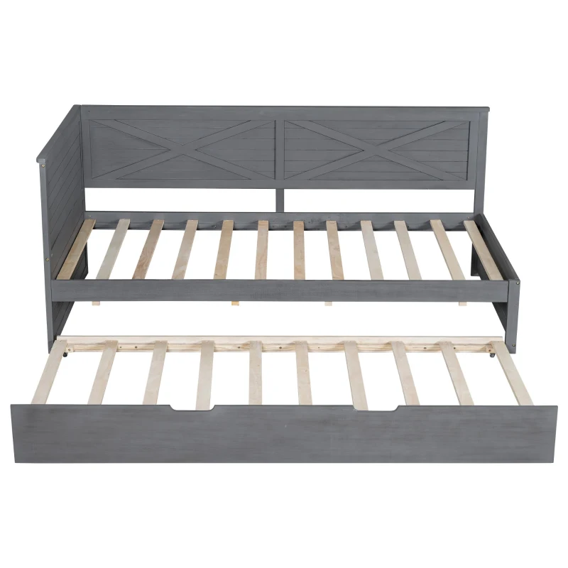 Vinsetto Twin Size Wood Daybed with Trundle, Rustic Guardrail, Solid Wood Construction, 77.5" L x 42" W x 33.5" H, Grey