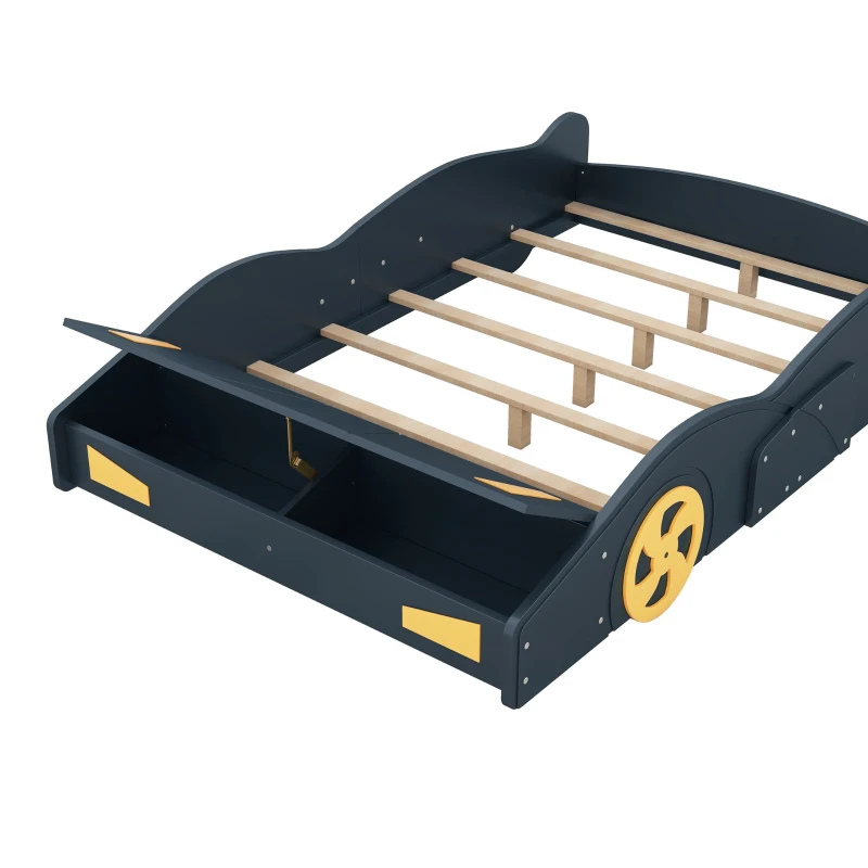 Full Size Race Car-Shaped Platform Bed with Wheels and Storage, Solid Wood and MDF, 90.5" L x 55" W x 15.5" H, Dark Blue