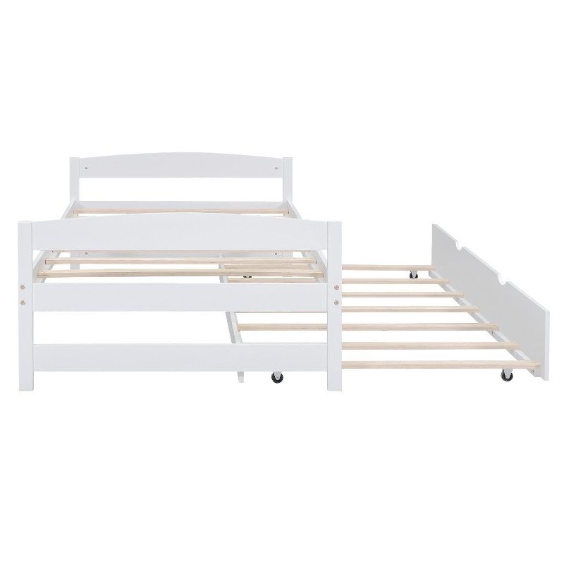 Twin Size Platform Bed with Twin Size Trundle, Headboard and Footboard, Sturdy Pine Wood Construction, 77.5" L x 40.5" W x 22" H, White