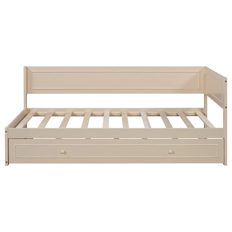 Vinsetto Vintage Style Twin Size Wood Daybed with Trundle and Guardrail, Solid Wood Construction, 77" L x 40.5" W x 31.5" H, Beige