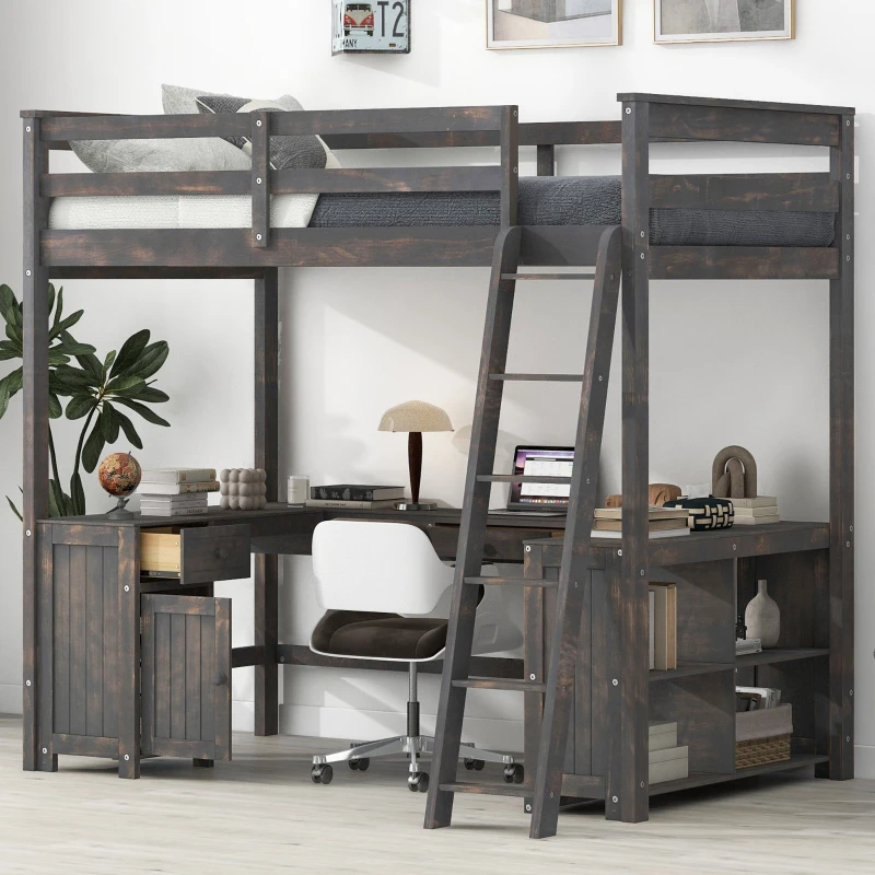 Full Size Loft Bed with U-shaped Desk, Drawers, Storage Shelves, and Sturdy Wood Frame, 77.5" L x 70" W x 75.5" H, Antique Brown