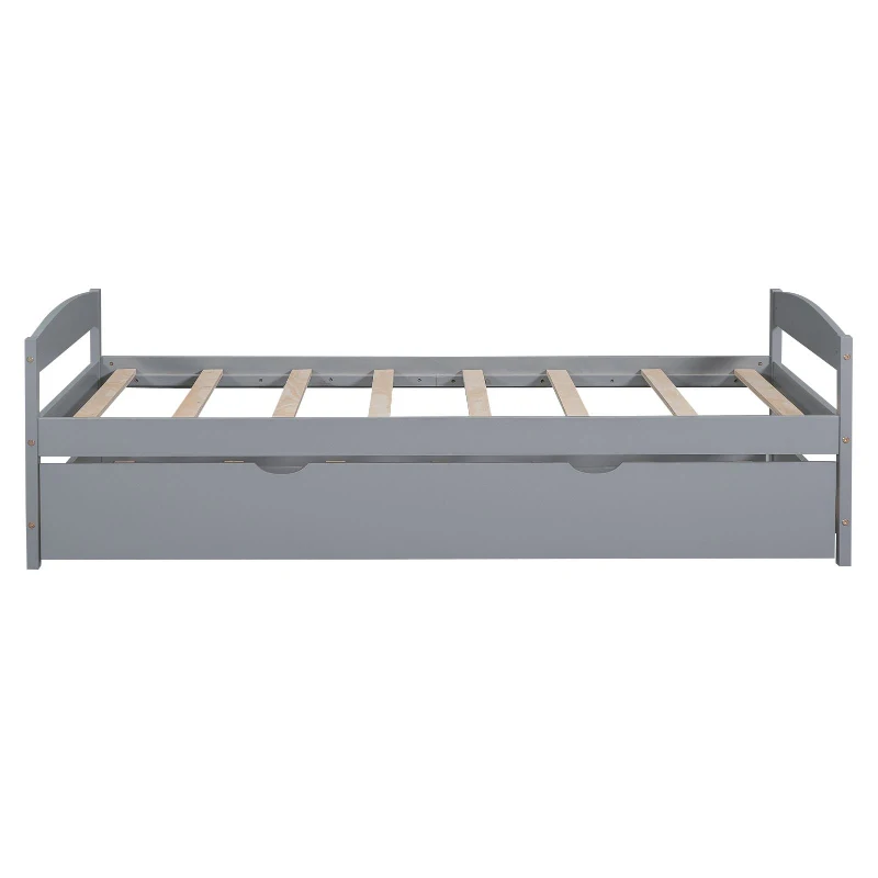 Twin Size Platform Bed with Twin Size Trundle, Headboard and Footboard, Sturdy Pine Wood Construction, 77.5" L x 40.5" W x 22" H, Gray