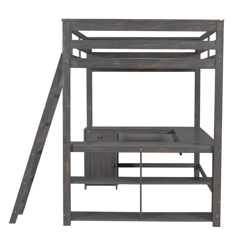 Full Size Loft Bed with U-shaped Desk, Drawers, Storage Shelves, and Sturdy Wood Frame, 77.5" L x 70" W x 75.5" H, Antique Brown