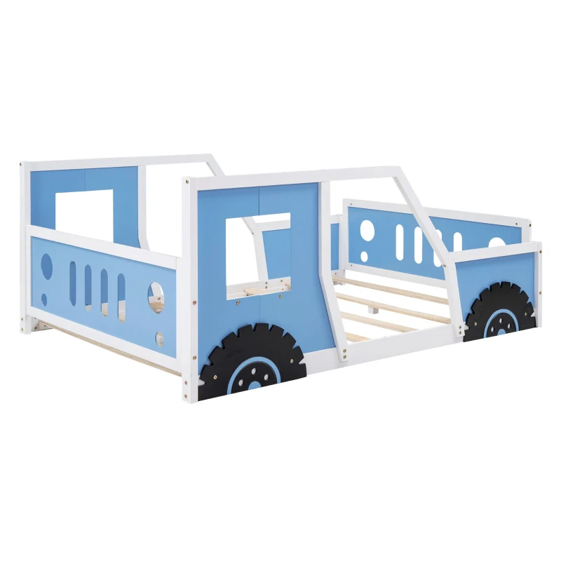 Full Size Classic Car-Shaped Platform Bed with Wheels, Pine Wood Frame, Easy Assembly, 77.5" L x 57" W x 32" H, Blue